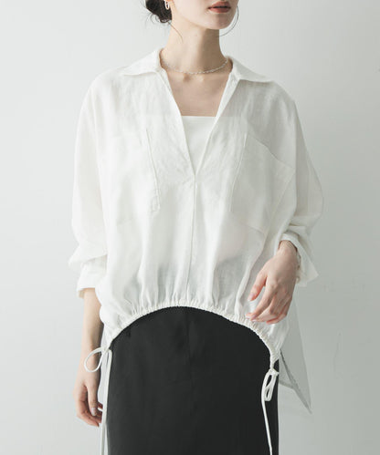 亞麻人造絲抽褶下襬襯衫