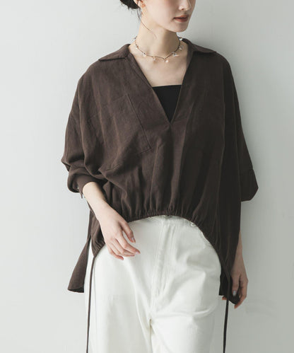 亞麻人造絲抽褶下襬襯衫