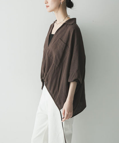 亞麻人造絲抽褶下襬襯衫
