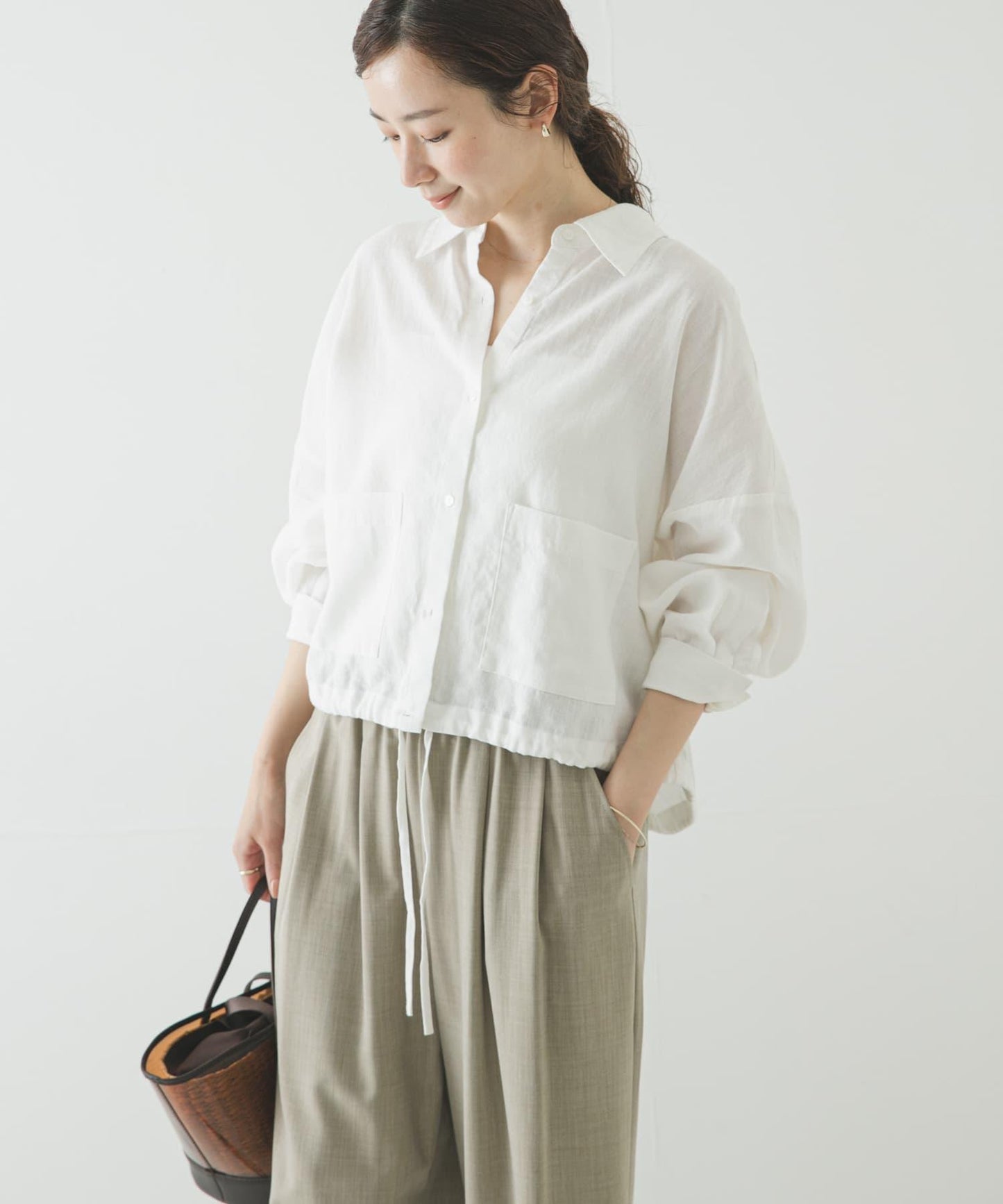 亞麻人造絲寬鬆短款襯衫