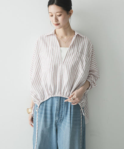 亞麻人造絲抽褶下襬襯衫