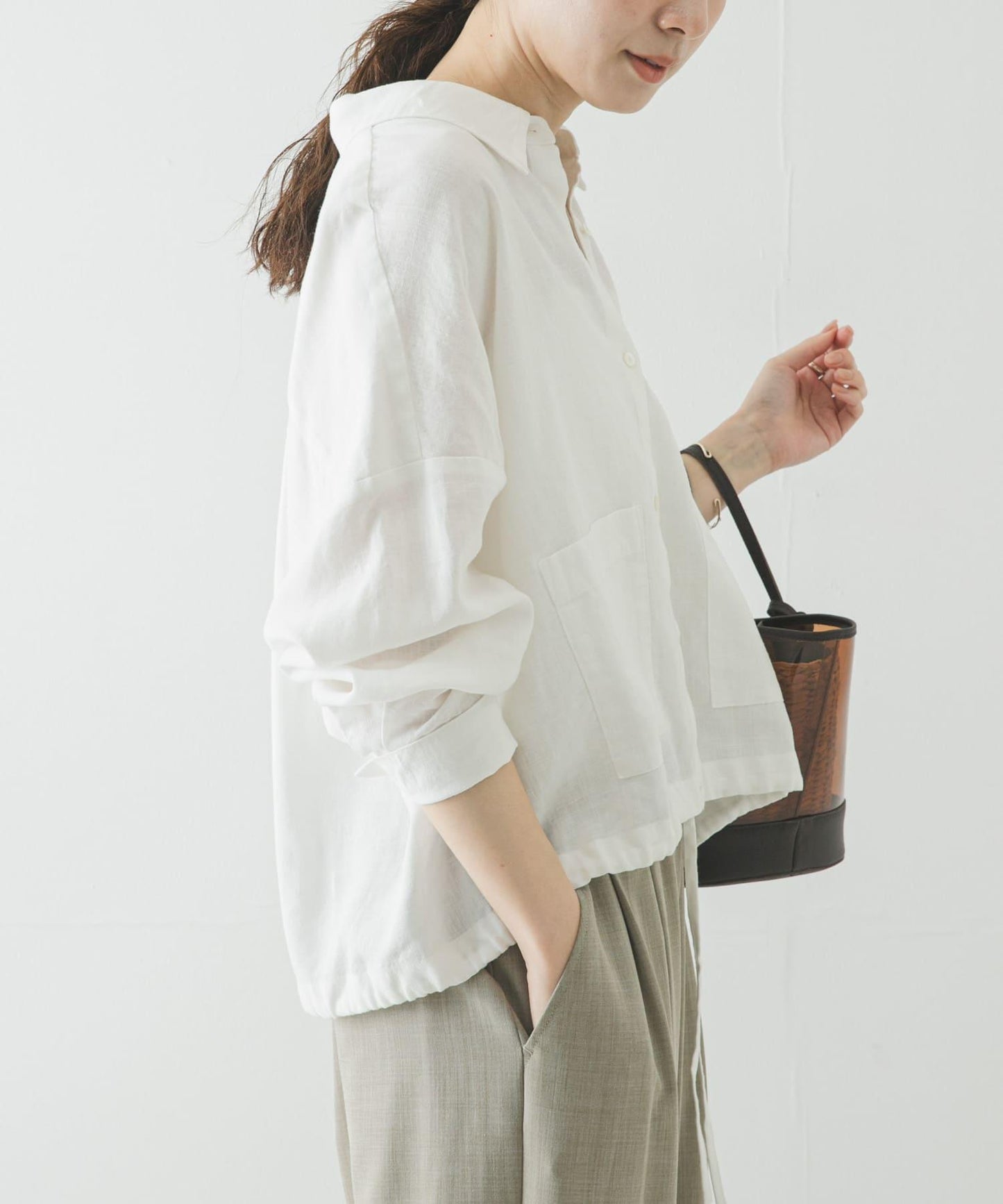 亞麻人造絲寬鬆短款襯衫