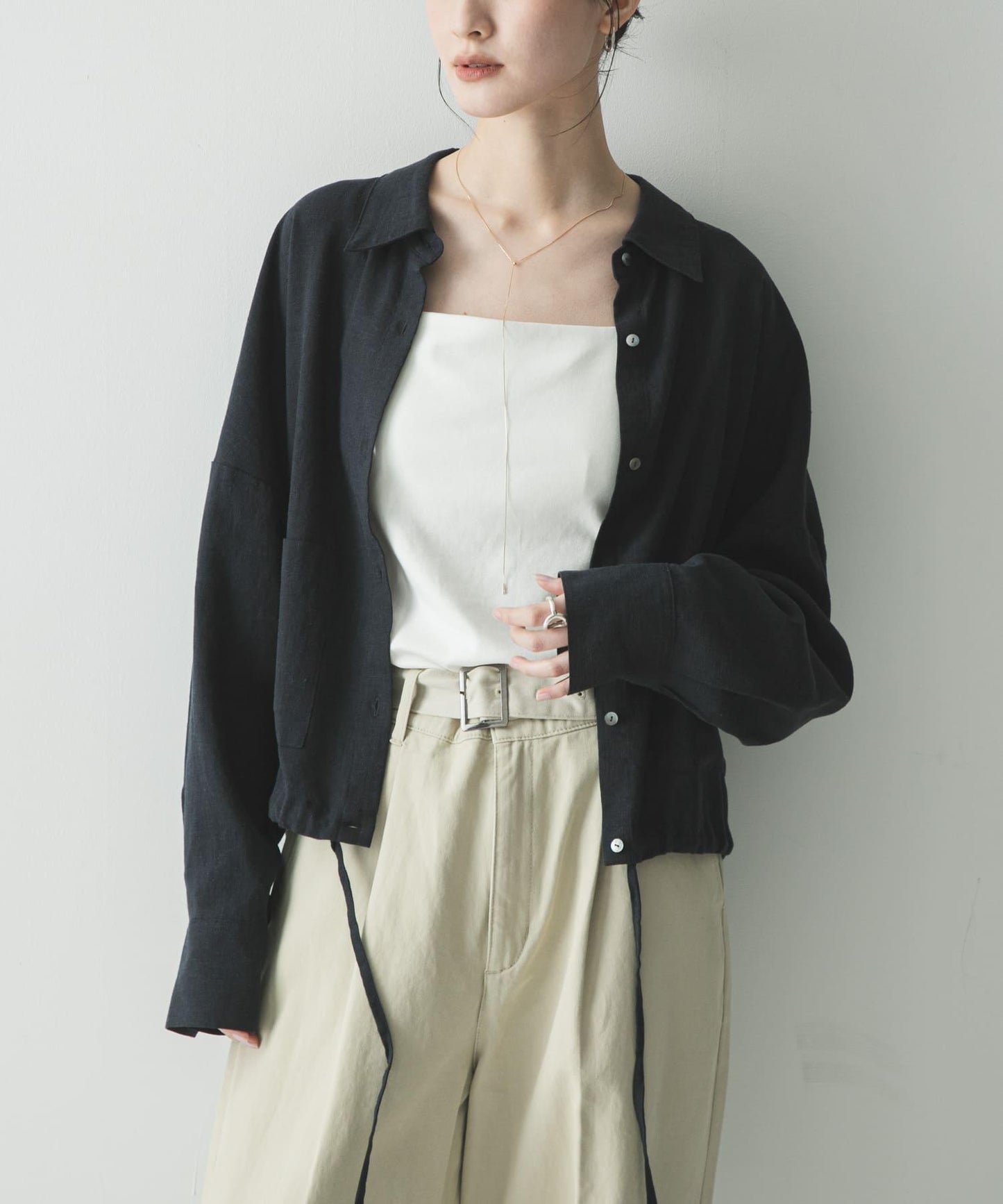 亞麻人造絲寬鬆短款襯衫