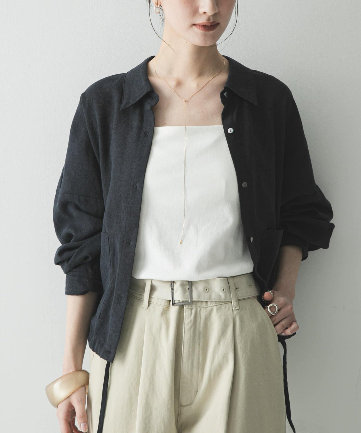 亞麻人造絲寬鬆短款襯衫