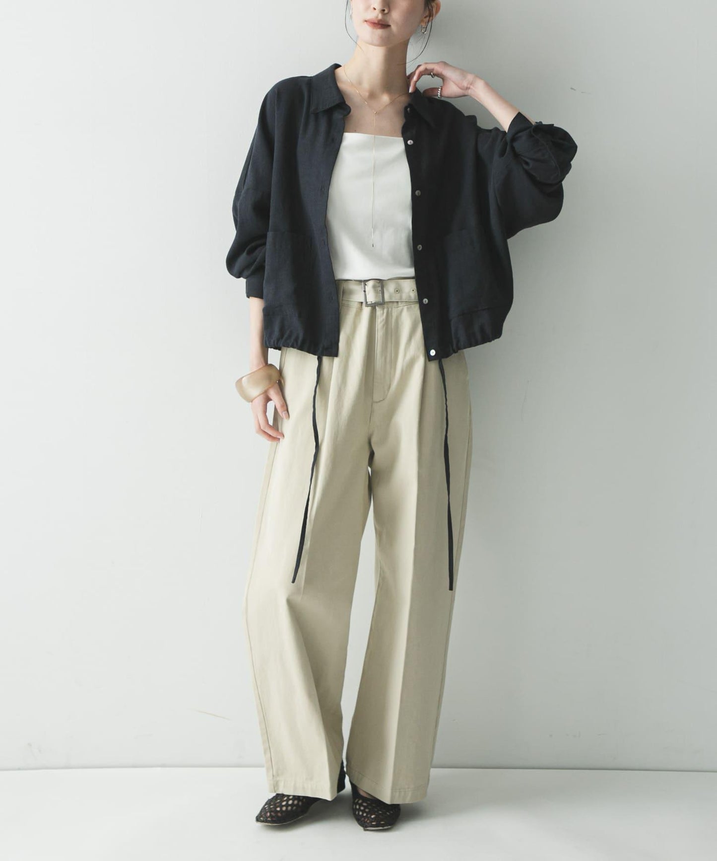 亞麻人造絲寬鬆短款襯衫