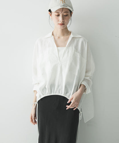 亞麻人造絲抽褶下襬襯衫