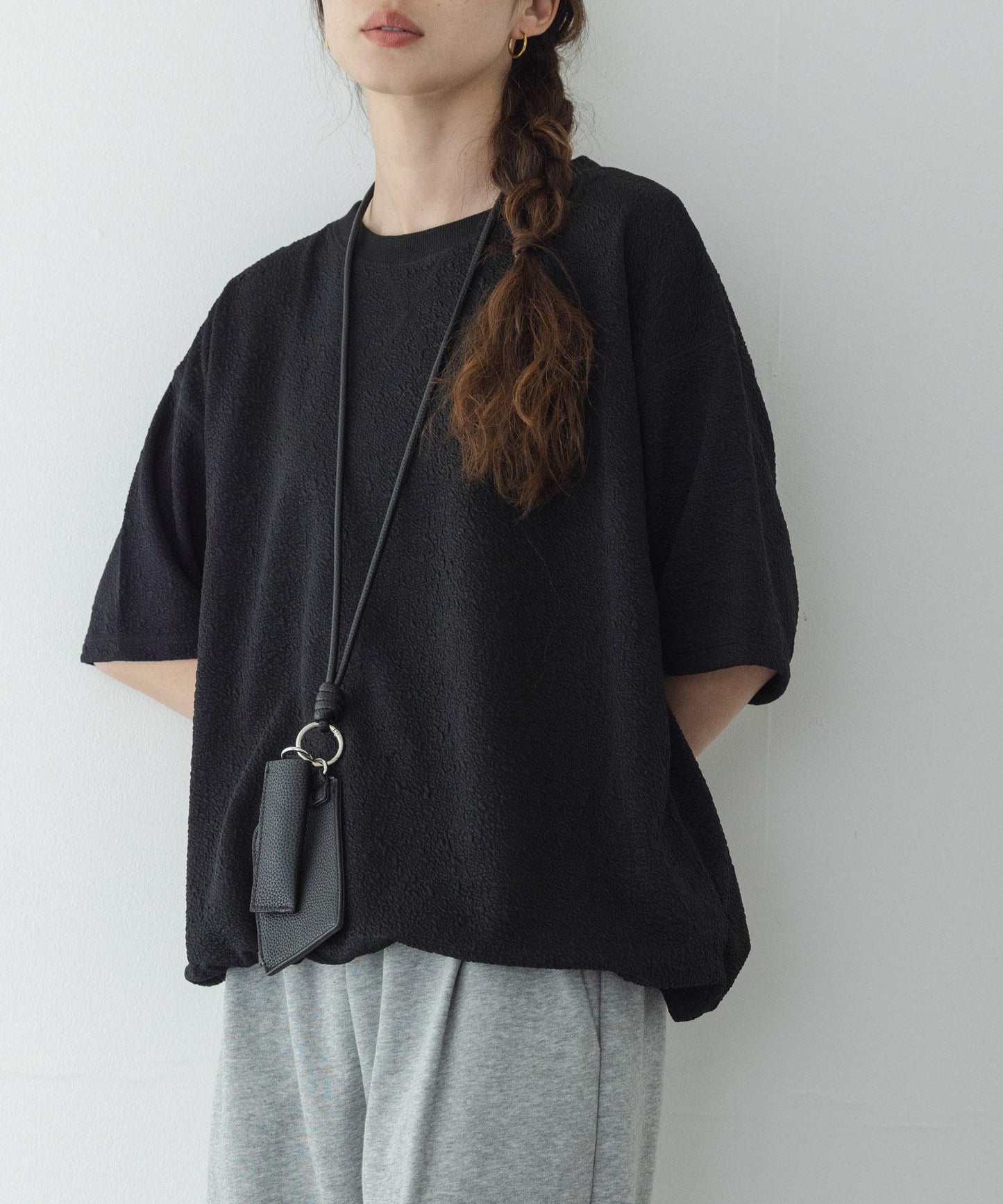 割絨提花抽繩五分袖套頭上衣