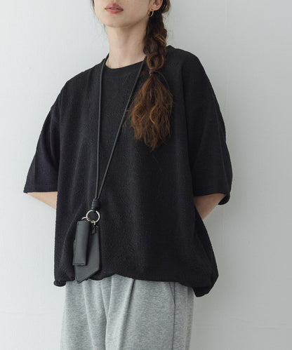 割絨提花抽繩五分袖套頭上衣