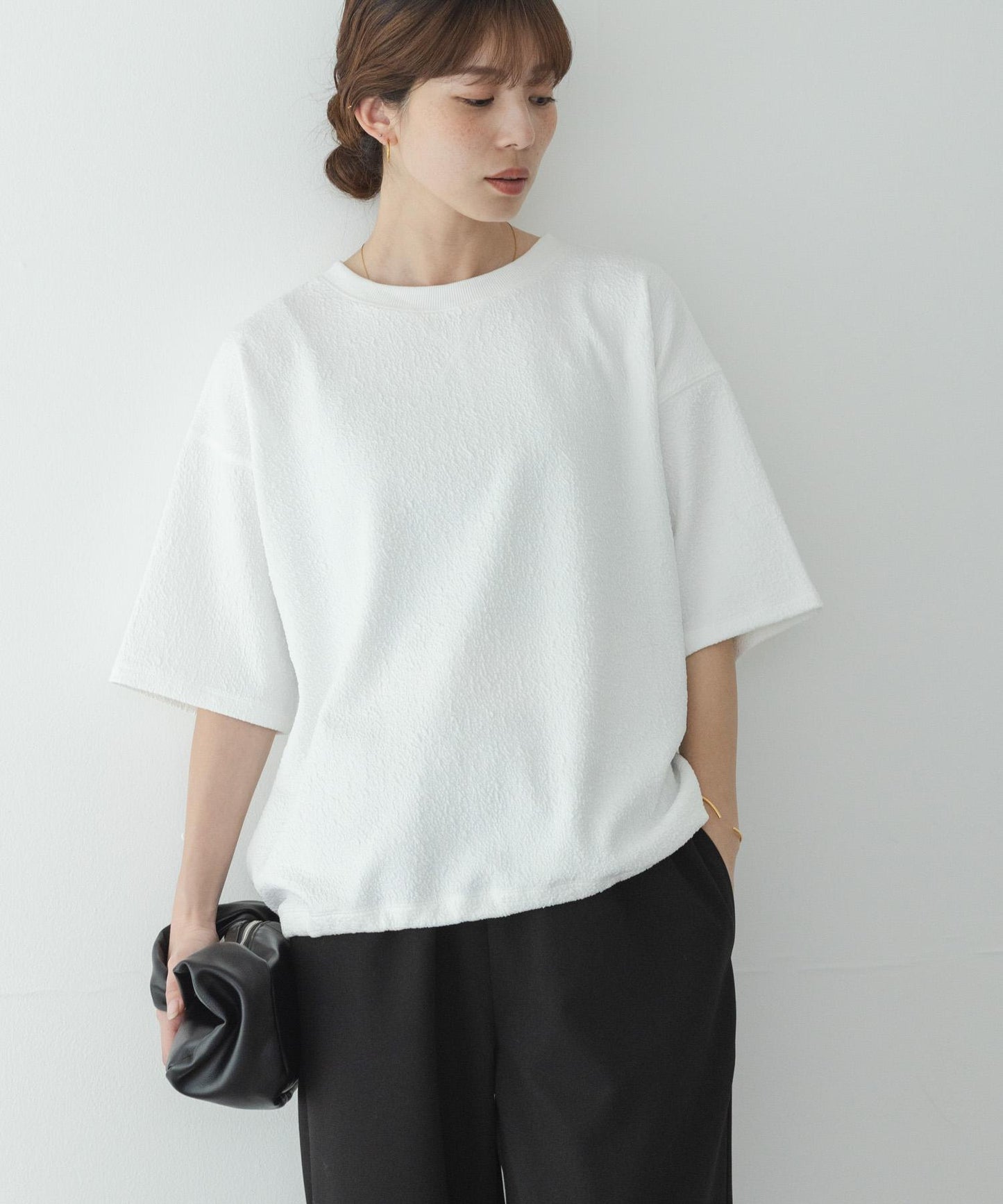 割絨提花抽繩五分袖套頭上衣