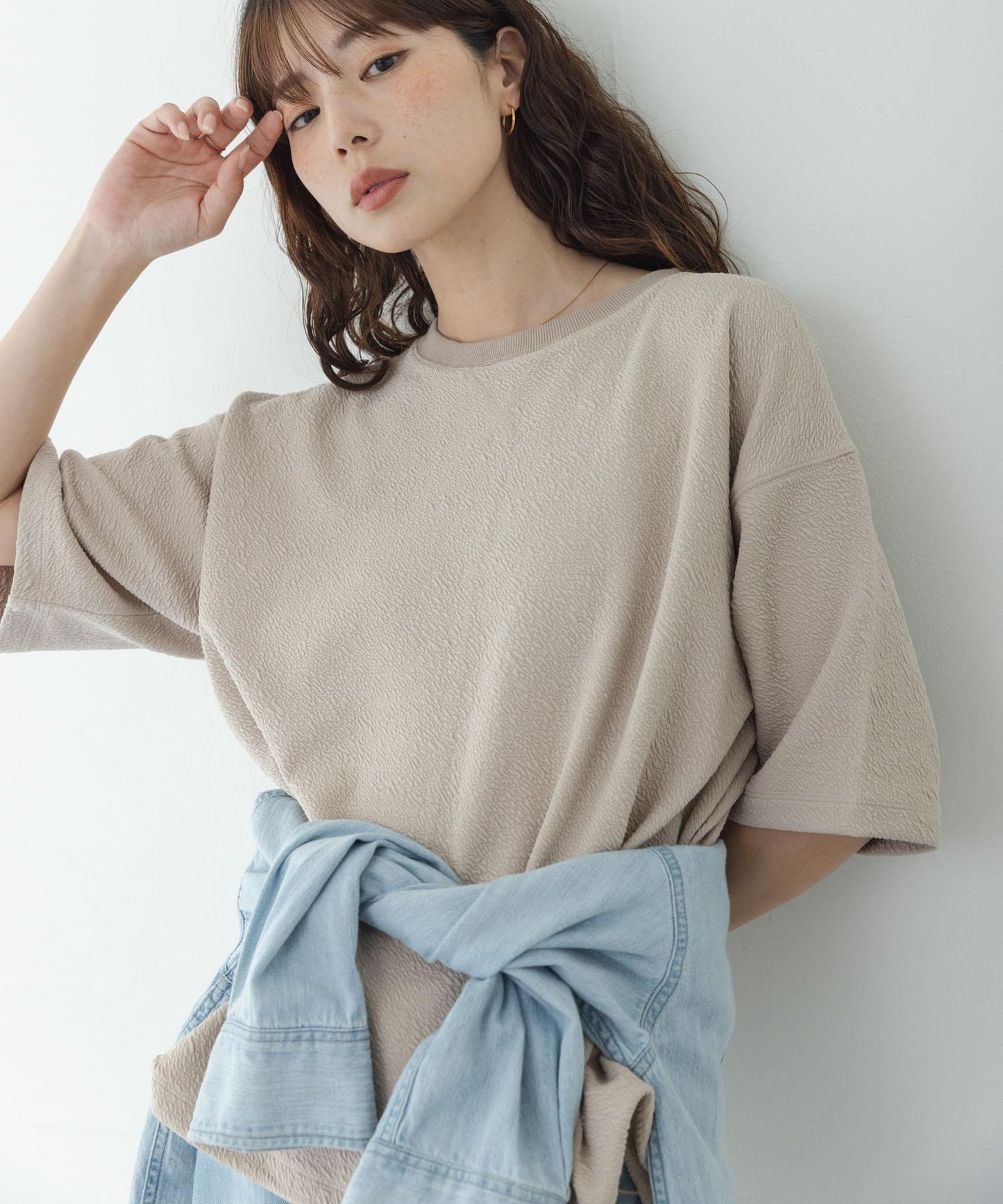 割絨提花抽繩五分袖套頭上衣