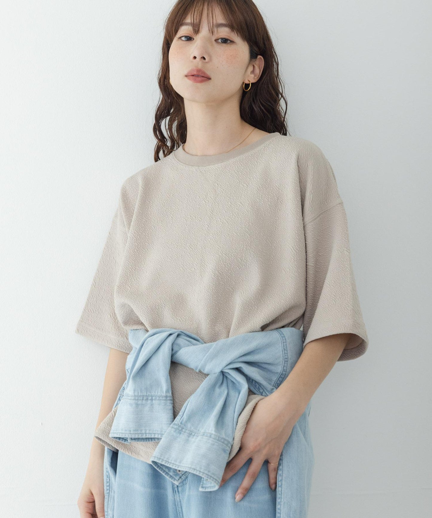 割絨提花抽繩五分袖套頭上衣