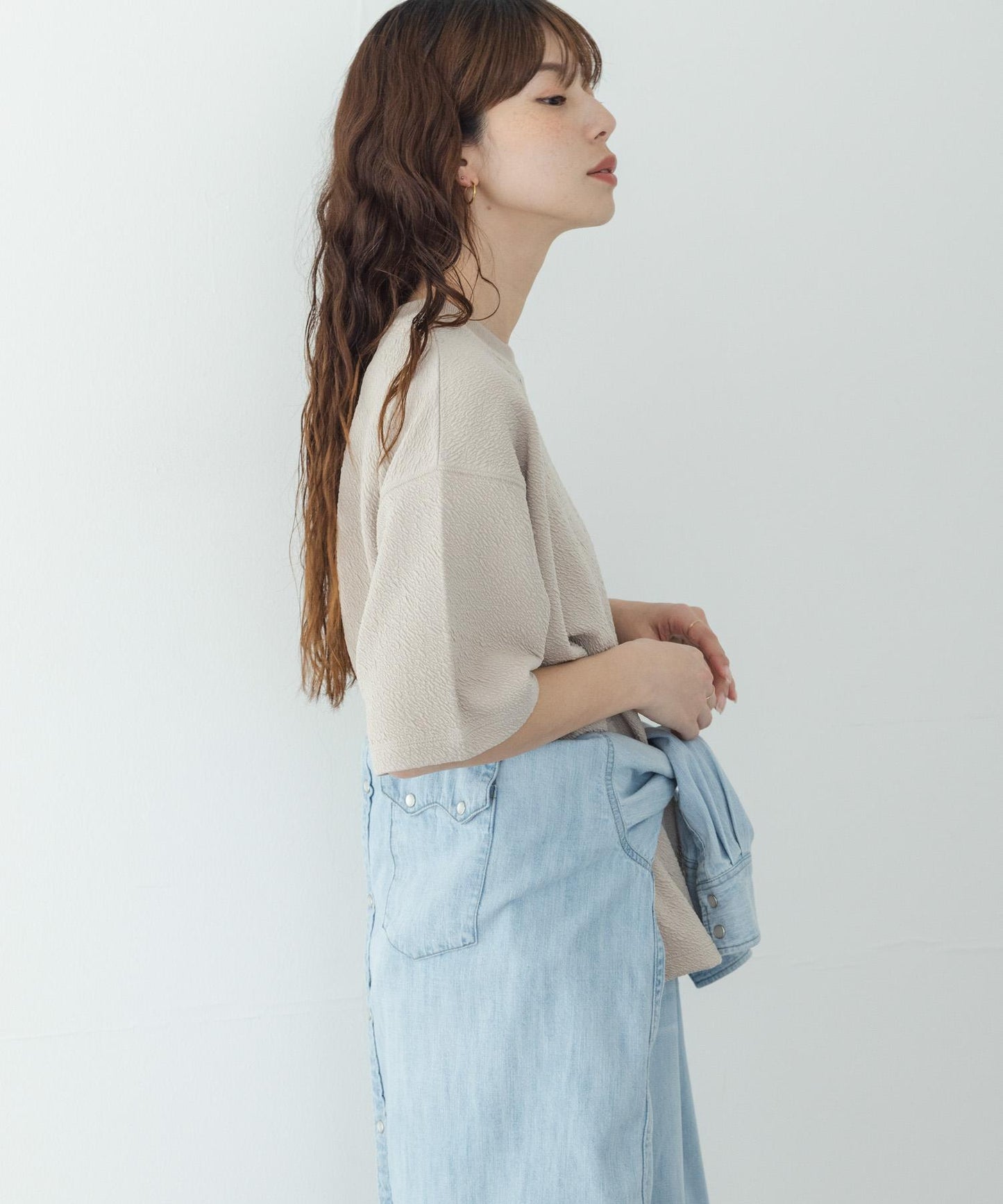 割絨提花抽繩五分袖套頭上衣