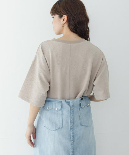 割絨提花抽繩五分袖套頭上衣