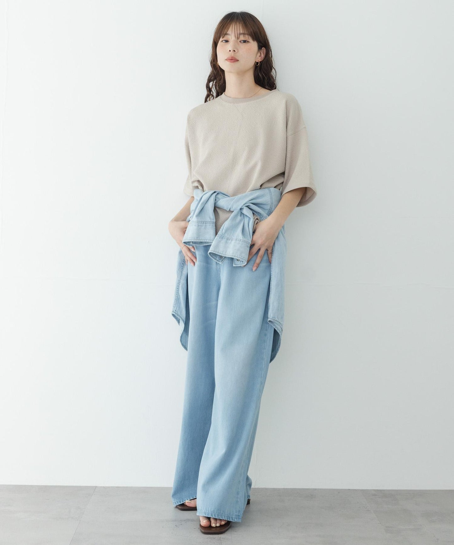 割絨提花抽繩五分袖套頭上衣