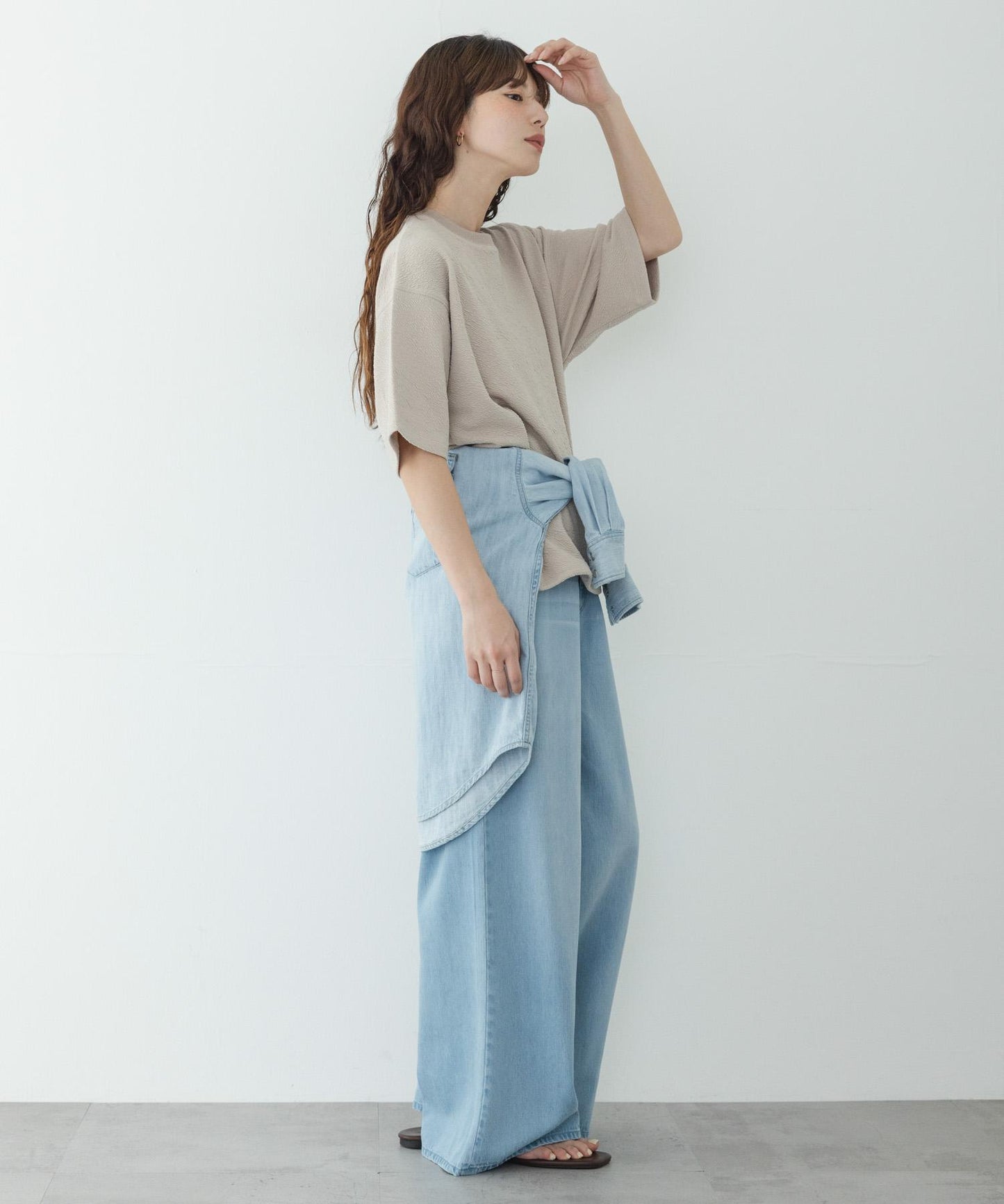 割絨提花抽繩五分袖套頭上衣