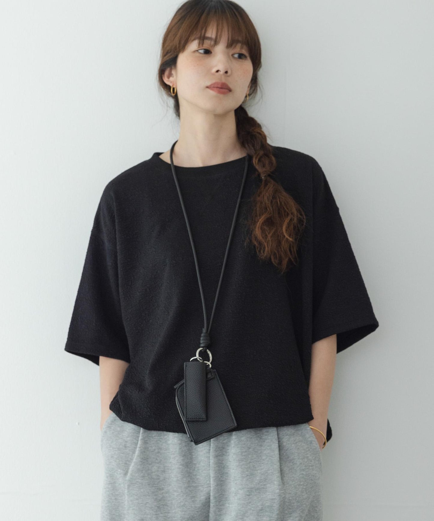 割絨提花抽繩五分袖套頭上衣