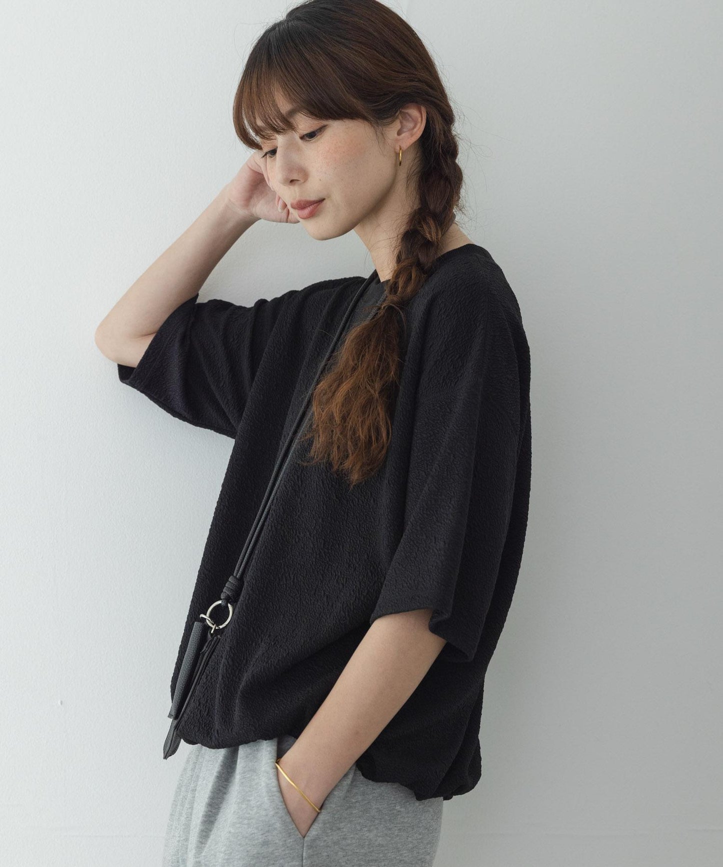 割絨提花抽繩五分袖套頭上衣