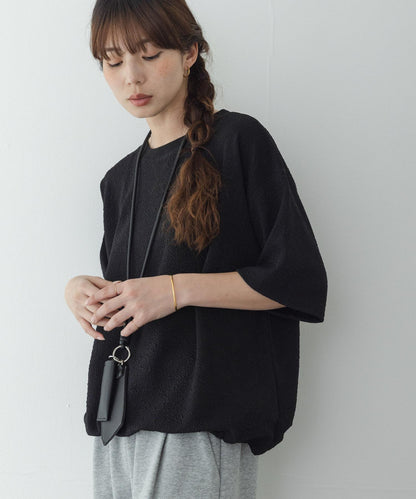 割絨提花抽繩五分袖套頭上衣