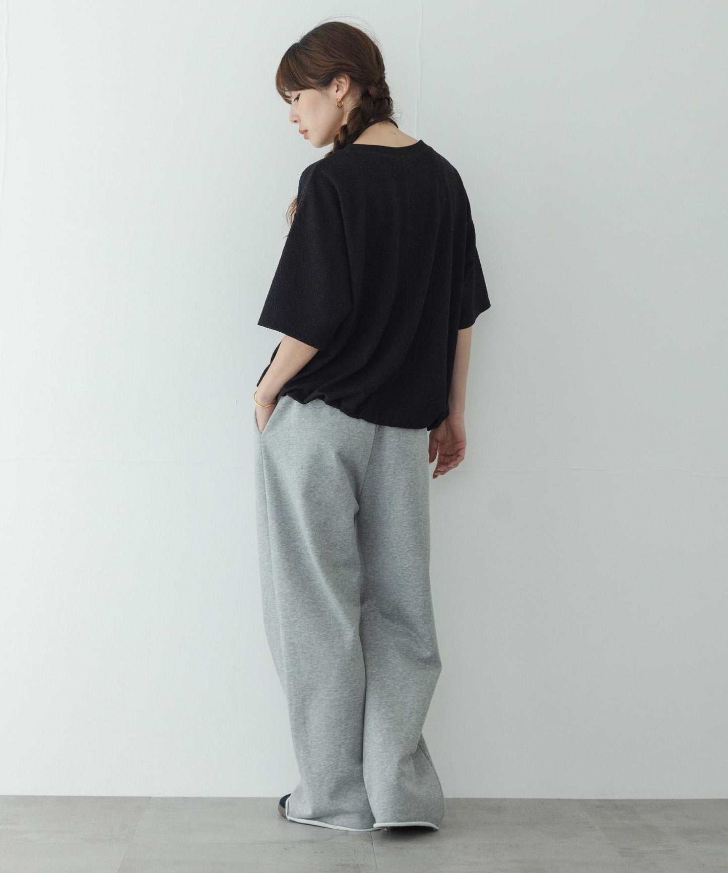 割絨提花抽繩五分袖套頭上衣