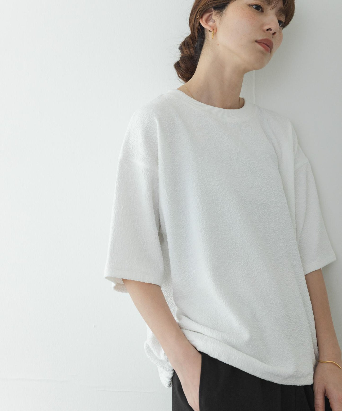 割絨提花抽繩五分袖套頭上衣