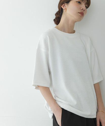 割絨提花抽繩五分袖套頭上衣