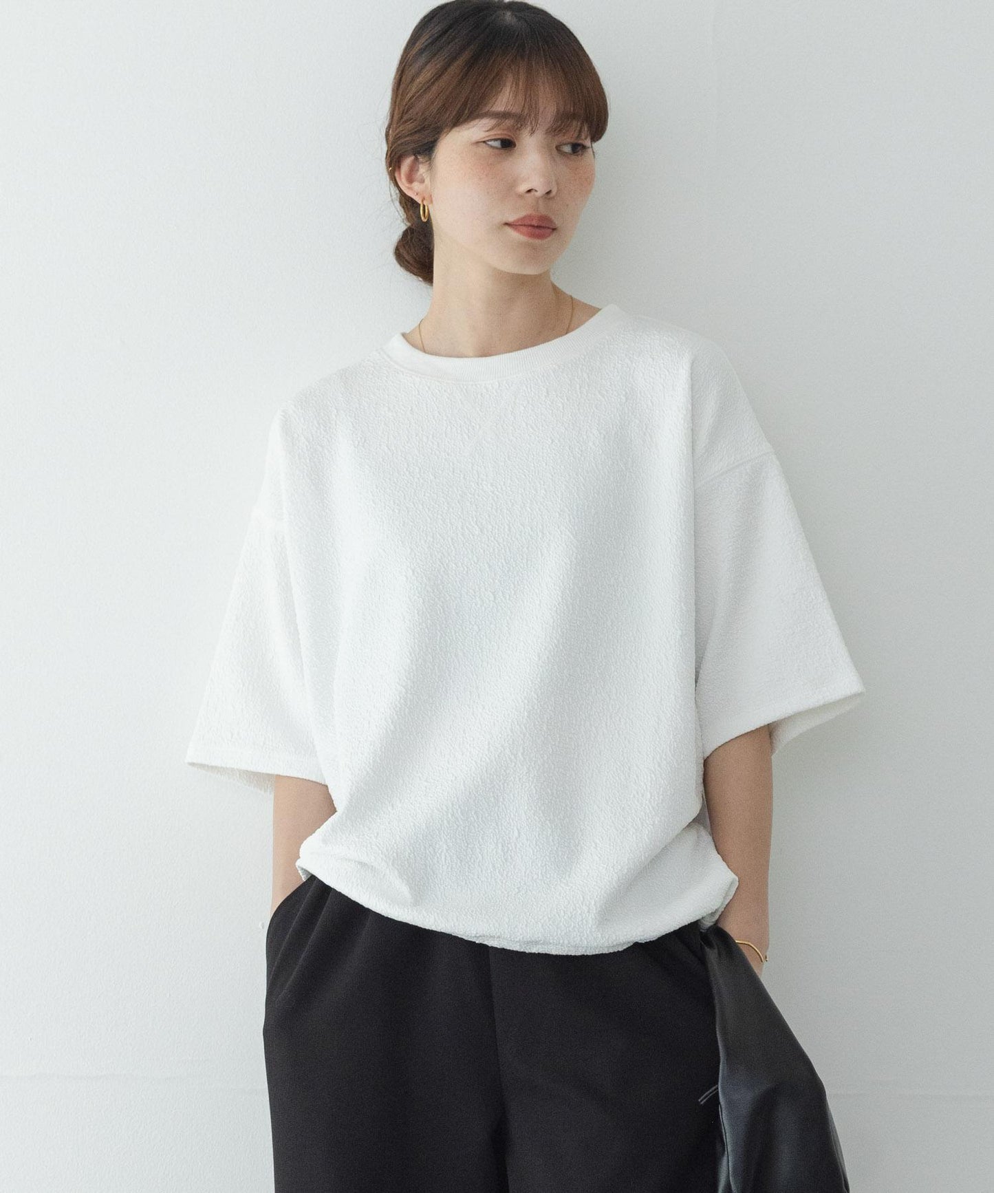 割絨提花抽繩五分袖套頭上衣