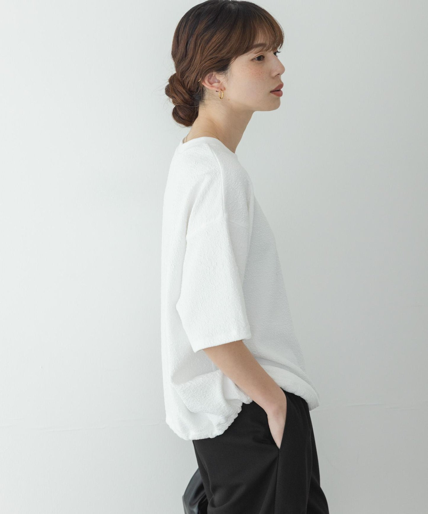 割絨提花抽繩五分袖套頭上衣