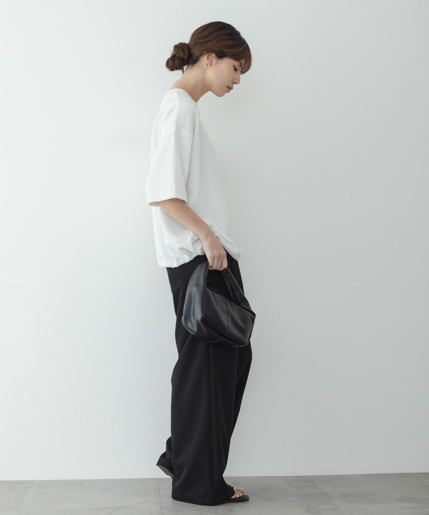 割絨提花抽繩五分袖套頭上衣