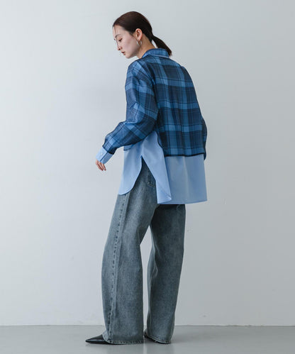 透感格紋疊穿設計襯衫