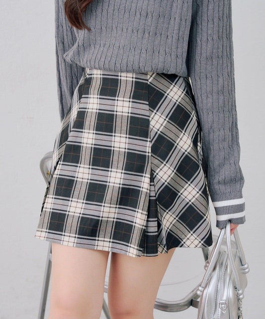 格紋百褶迷你半身裙