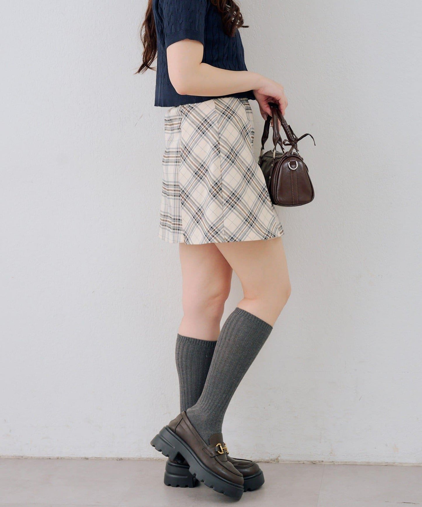 格紋百褶迷你半身裙