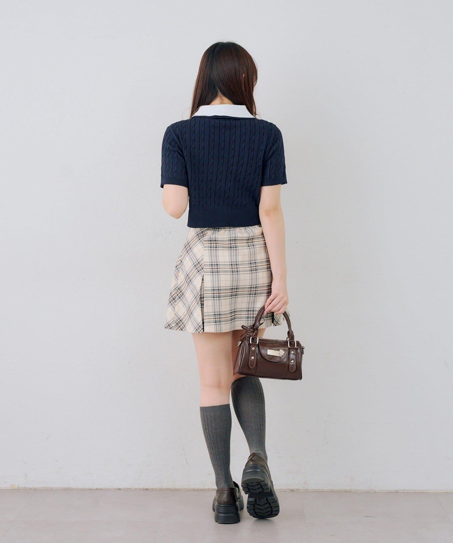 格紋百褶迷你半身裙