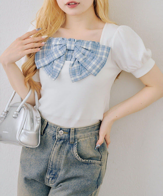 蝴蝶結拼接泡泡袖T恤