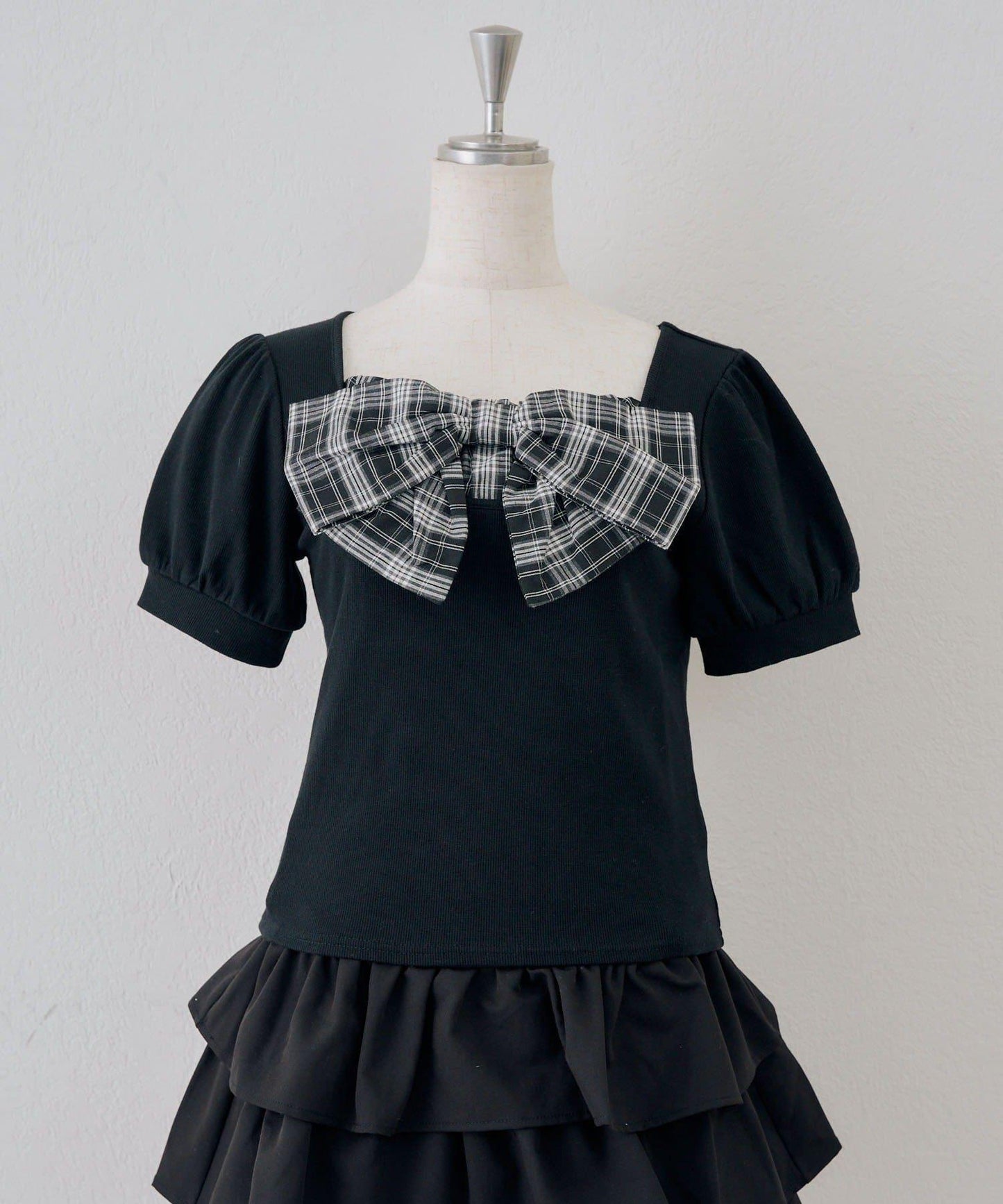 蝴蝶結拼接泡泡袖T恤