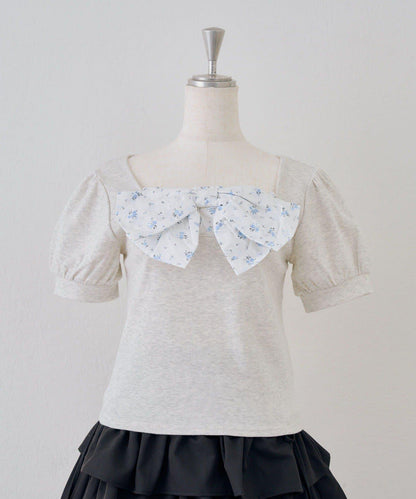 蝴蝶結拼接泡泡袖T恤