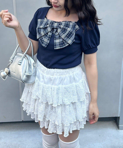 蝴蝶結拼接泡泡袖T恤