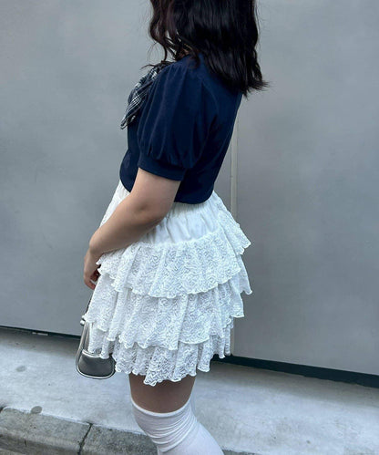 蝴蝶結拼接泡泡袖T恤