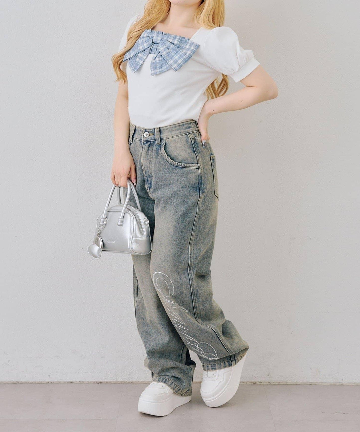 蝴蝶結拼接泡泡袖T恤