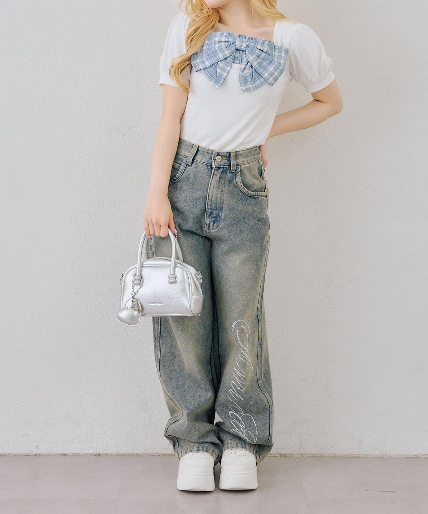 蝴蝶結拼接泡泡袖T恤