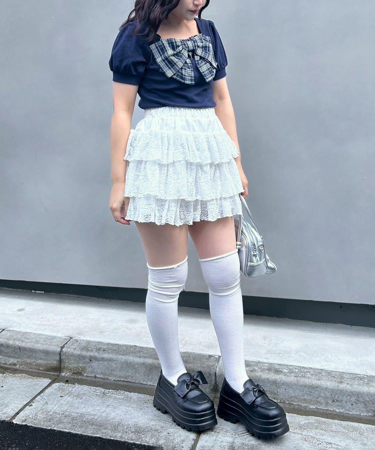 蝴蝶結拼接泡泡袖T恤