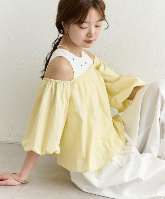 一字肩泡泡袖襯衫