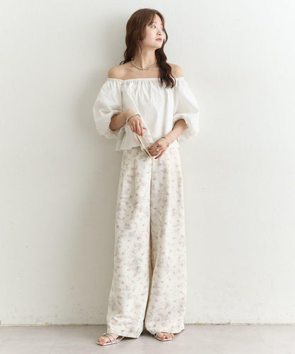 一字肩泡泡袖襯衫