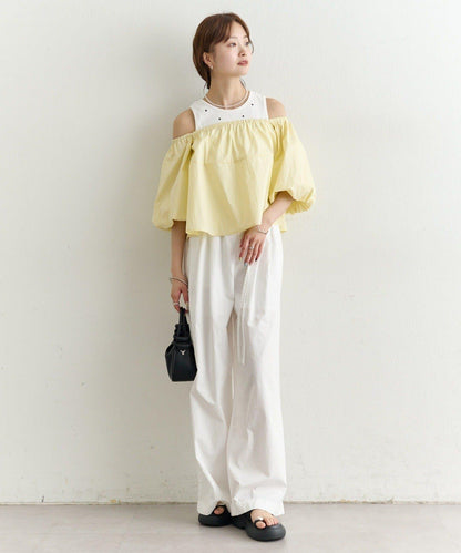 一字肩泡泡袖襯衫