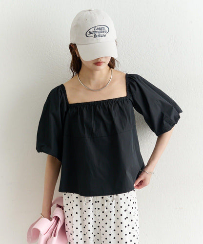 一字肩泡泡袖襯衫