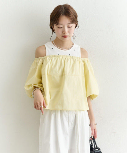 一字肩泡泡袖襯衫