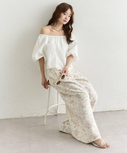 一字肩泡泡袖襯衫