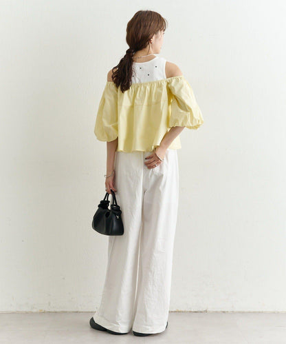 一字肩泡泡袖襯衫