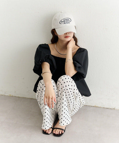 一字肩泡泡袖襯衫