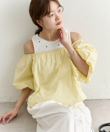 一字肩泡泡袖襯衫