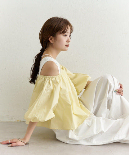 一字肩泡泡袖襯衫